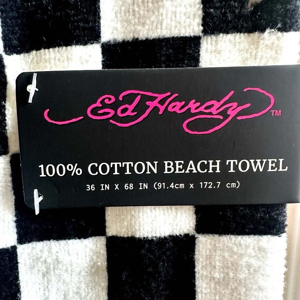 Ed Hardy Skull Rose Checkerboard Beach Towel 36x68 Black White Red 100% Cotton